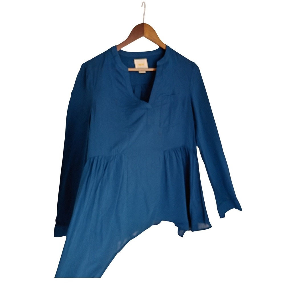 Maeve Anthropologie Teal Blue Peplum Blouse Split Neck Rayon Top Fits S Boho $88